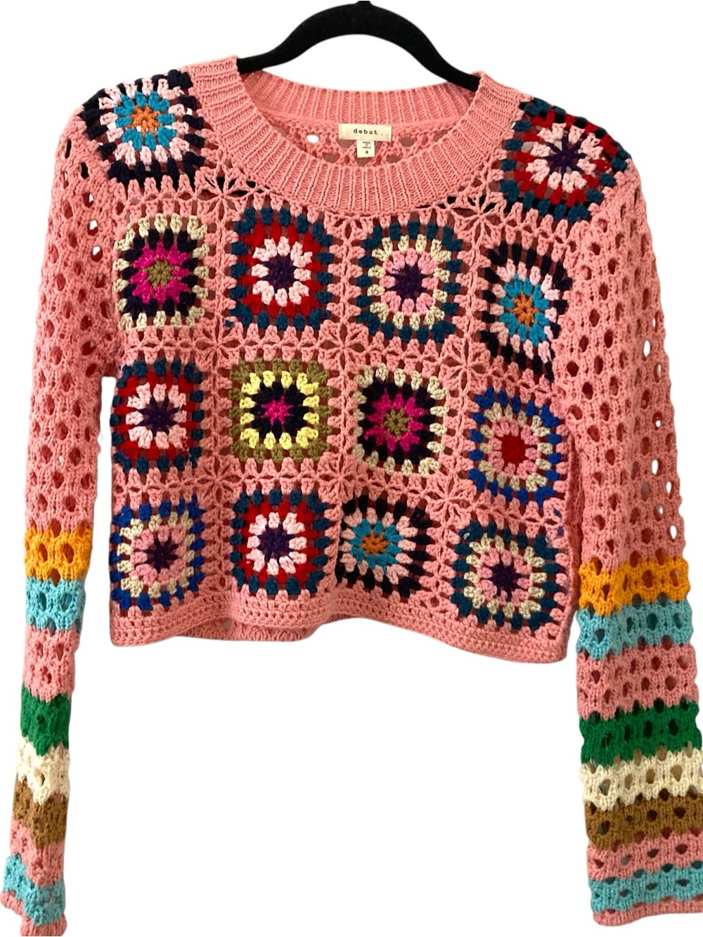Pink Crocheted Granny Square Sweater, hippie feminine boxy cropped beach look